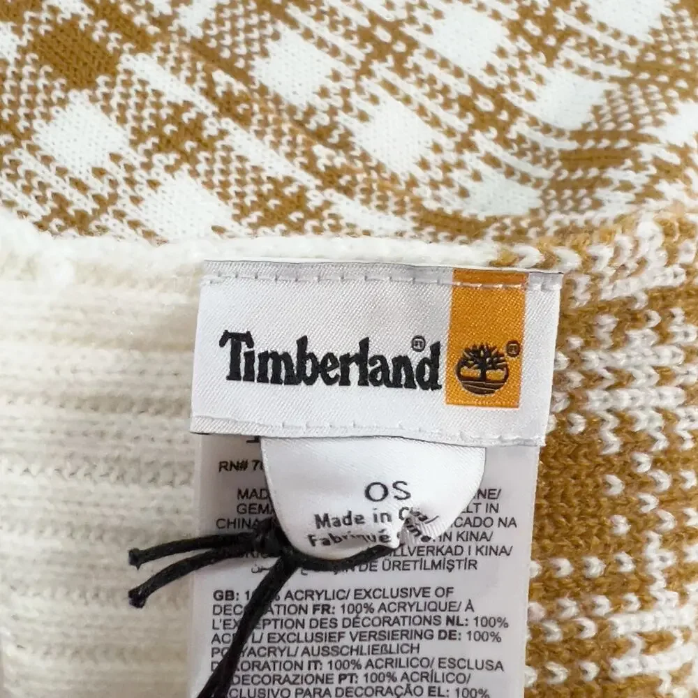 Timberland OS NEW Brown White Plaid Knit Long Scarf Outdoor Neck Warmer